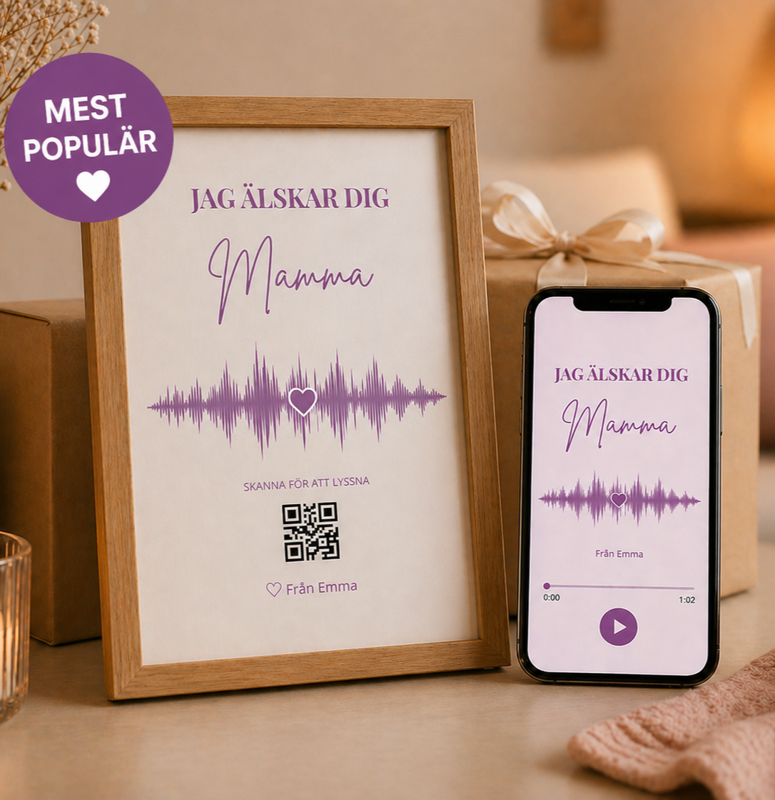 Personlig fysisk och digital rösttavla med ljudvåg och QR-kod.